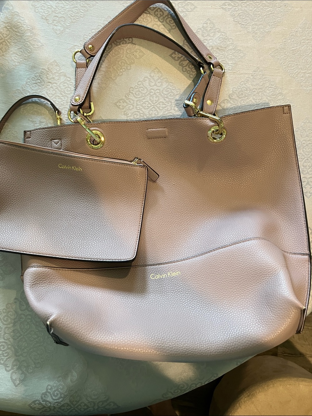 Calvin Klein reversible Pebbled Tote in Dusty Mauve/taupe with Matching Pouch